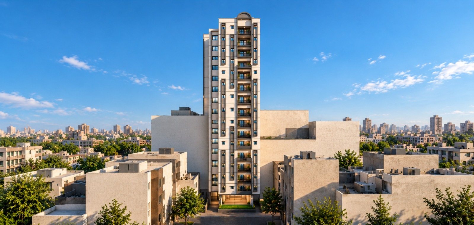 Render of Ruhaab Heights among the houses of P&T Colony